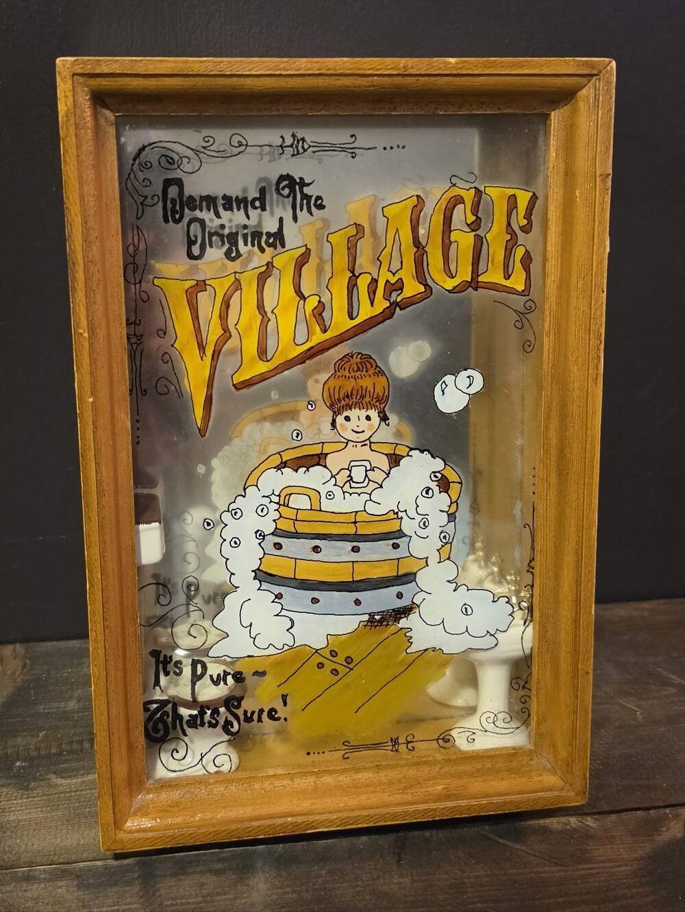 Vintage Village Bath Products Shadow Box Mirror Wood Framed 3D Retro Glass Sign